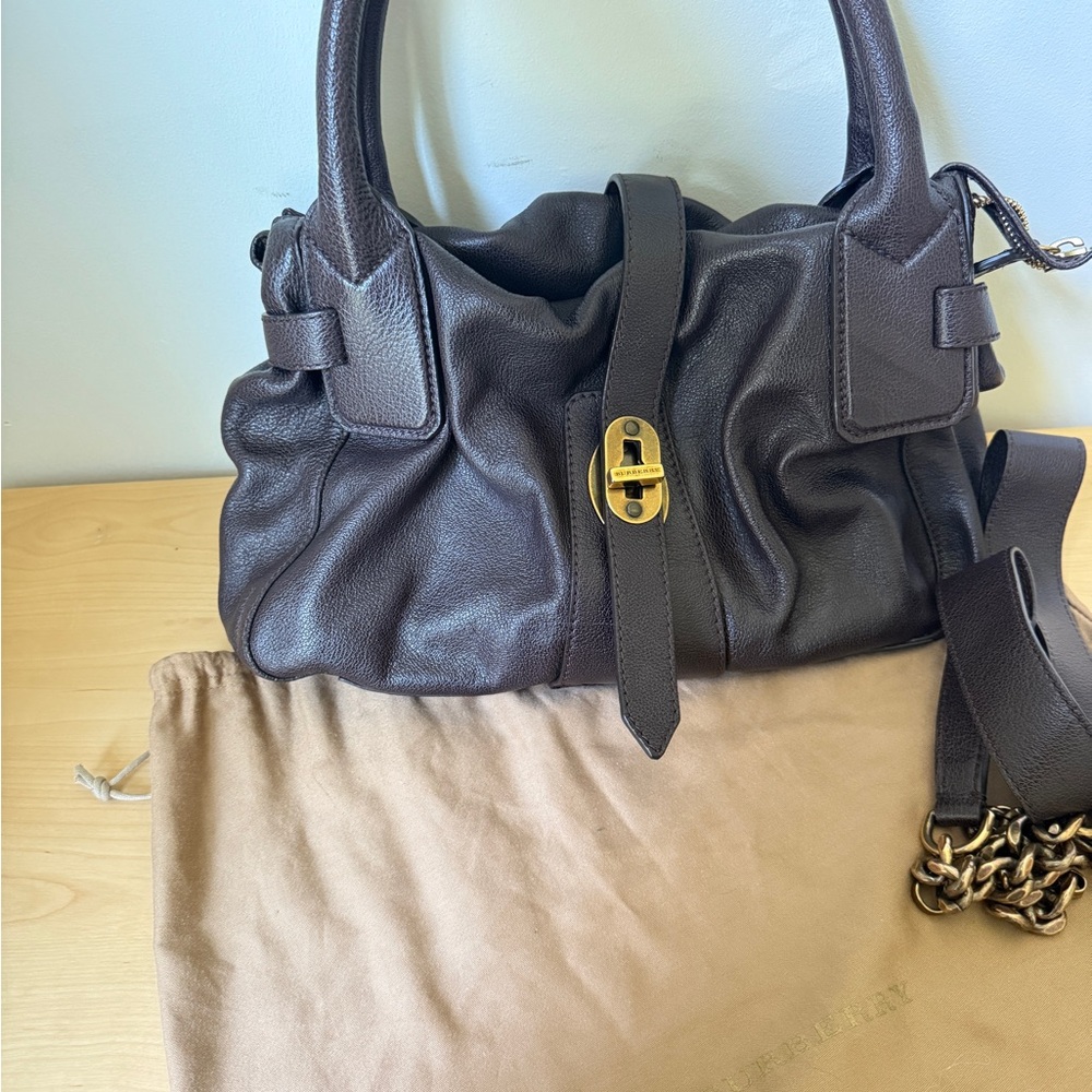 Burberry Brown Buffalo Leather Shoulder Bag with Ruffled Detailing - Picture 2 of 10